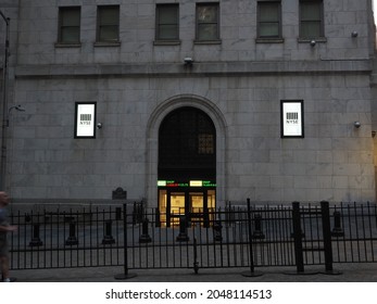 New York City, New York United States - August 29 2021: NYSE, New York Stock Exchange Corporate Illuminated Logo Sign With Snapchat And Shopify Stock Price Ticker.