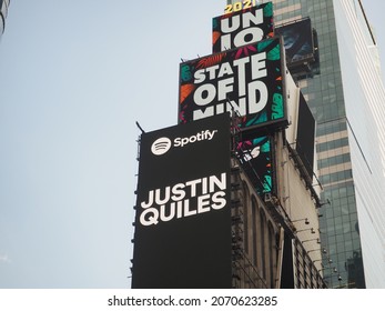 New York City, New York United States - August 29 2021: Spotify Justin Quiles Black Billboard Advertisement In Times Square With Logo.