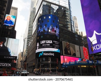 New York City, New York United States - August 29 2021: NASDAQ, National Association Of Securities Dealers Automated Quotations Corporate And Lady Gaga Logo Sign Near Times Square.