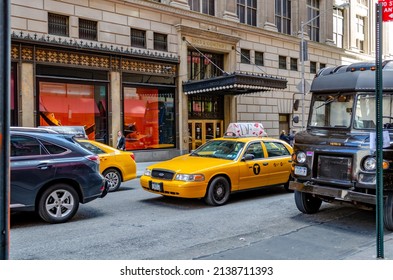 New York City, New York, United States 22 Mar 2013: Traffic Jam In Manhattan, NYC, Yellow Taxi Cabs And Delivery Vehicle Standing In A Narrow Street