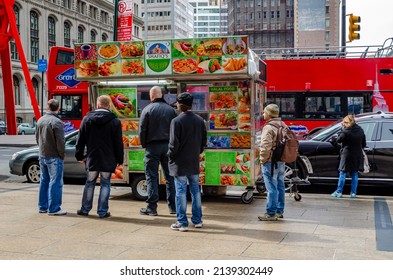 New York City, New York, United States 24 Mar 2013: People Waiting In Line In Front Of Shafiq's Halal Street Food Truck, NYC