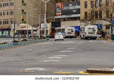 New York City, New York, United States 24 Mar 2013: Staten Island, NYC, Buses Leaving The Ferry Terminal Station, Rear View