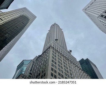 New York City, New York United States - August 1 2022: Midtown Manhattan. Chrysler Building As Seen From Street Level On A Gloomy Day.