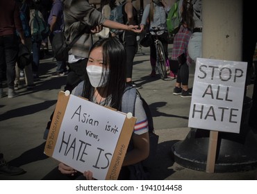 New York City, New York, USA: 03-22-21- Young Teen Girl Protesting Asian Hate Crimes in Chinatown NYC