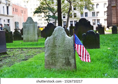 New York City, USA 08/23/2017 - Gravestone With American Flag In Trinity Church NYC