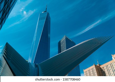 New York City, USA, 2019: One WTC Oculus With One World Trade Center Skyscraper On Background