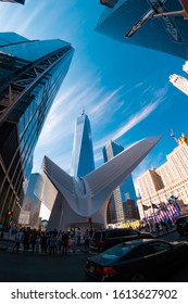 New York City, USA, 2019: One WTC Oculus With One World Trade Center Skyscraper On Background