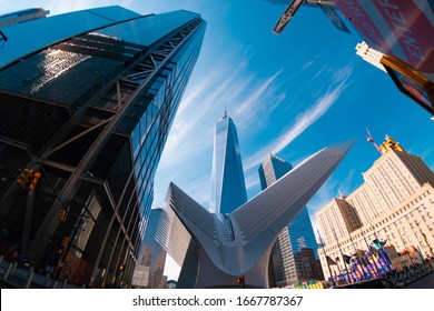 New York City, USA, 2019: One WTC Oculus With One World Trade Center Skyscraper On Background