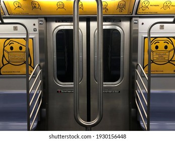 New York City, New York, USA: 3-01-21- NYC Subway Posters Showing Mask Wearing 