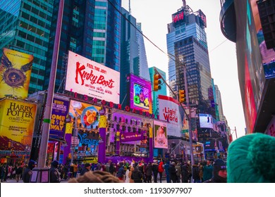 New York City, USA - 31st December 2017: A Lot Of People Came To Times Square To Wait For Ball Drop Or New Year Celebration 2018.A Lot Of Advertisement Were Showed On Billboard On Winter.