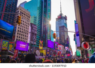 New York City, USA - 31st December 2017: A Lot Of People Came To Times Square To Wait For Ball Drop Or New Year Celebration 2018.A Lot Of Advertisement Were Showed On Billboard On Winter.