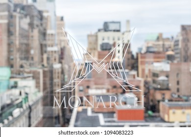 New York City, USA - April 7, 2018: Closeup Sign Of Rooftop Restaurant And Bar Called Monarch In Midtown Herald Square Building Isolated With Cityscape, Skyline View Of NYC NY During Day, Penthouse 