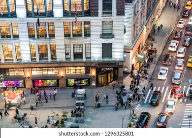 New York City, USA - April 6, 2018: High Angle Aerial View Of Macy's Store Corner In NYC Herald Square Midtown With Crowd Mass Of People And Traffic Cars At Night