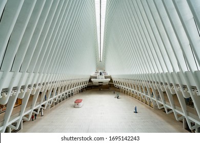 New York City, New York / USA - April 6, 2020: The Empty Oculus 9/11 Memorial Inside The Oculus. Transportation At New World Trade Center NYC Subway Station.