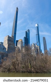 New York City, USA - April 2nd 2022: Steinway Tower With Central Park Tower And Other Buildings At Manhattan.  Low Angle View From Central Park.