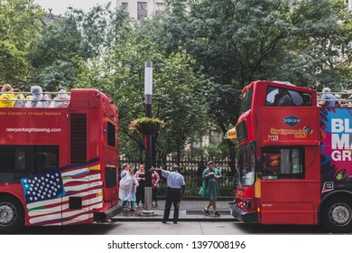 New York City, USA - Aug. 11, 2018: Tour Bus Driver Giving Direction To Tourists In Lower Manhattan