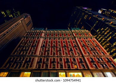 New York City, USA - August 11, 2012: The Knickerbocker Hotel Classic Building Among The Modern Skyscramers Im Manhattan