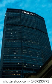 New York City, USA - August 1, 2018: Low-angle Shot Of The MetLife Building At Night, Modern Glass Skyscraper, In Manhattan, New York City, USA