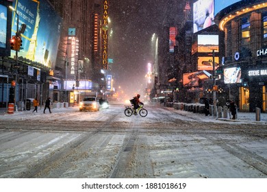 New York City - USA - Dec 16 2020: First Big Winter Snow Storm Hits Time Square New York City