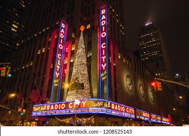 New York City, USA- December 9, 2017: Bright Christmas Lights Of Radio City Music Hall In New York City At Night.