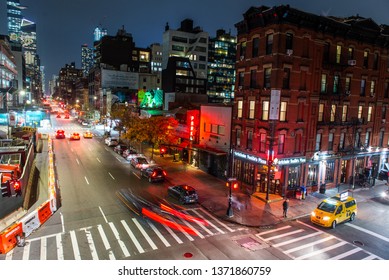 New York City, USA - December 20th, 2018:   Corner Of 17th Street And 10th Avenue, Chelsea, As Seen From The Highline Park Ay Night 