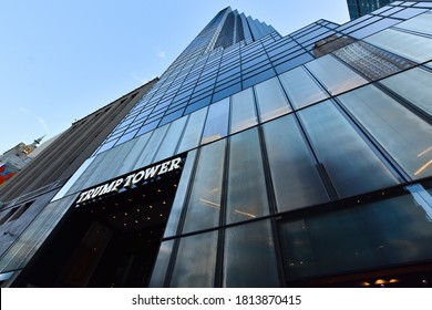 New York City, USA -  December 6, 2019. View Of The Trump Tower Skyscraper Entrance Located On 5th Avenue Midtown Manhattan, New York, The Headquarters For The Trump Organization.