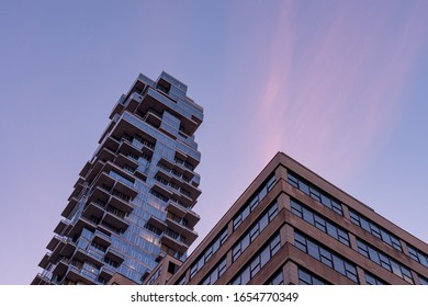 New York City - USA - Feb 19 2020: Sunset Timelapse Clouds Moving Over Leonard 56 Skyscraper POV View In TriBeCa District