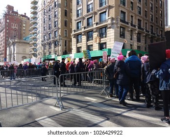 New York City, New York / USA - January 20 2018: An example of crowd control and peaceful, cooperative protesters at the Women's March on New York City.