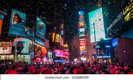 New York City, USA, January 1, 2015, Atmospheric new year's eve celebration on famous times square intersection after midnight with countless happy people enjoying the party