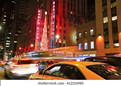 New York City, USA- January 1, 2017: Bright Christmas Lights Of Radio City Music Hall In New York City At Night.