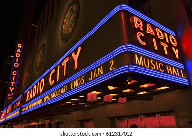 New York City, USA- January 1, 2017: Bright Christmas Lights Of Radio City Music Hall In New York City At Night.