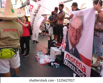 New York City, New York / USA - July 02 2018: Times Square After The Victory Of Andrés Manuel López Obrador Of The National Regeneration Movement (Movimiento Regeneración Nacional, MORENA).