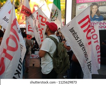 New York City, New York / USA - July 02 2018: Times Square After The Victory Of Andrés Manuel López Obrador Of The National Regeneration Movement (Movimiento Regeneración Nacional, MORENA).