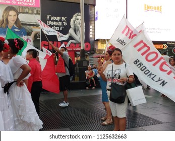 New York City, New York / USA - July 02 2018: Times Square After The Victory Of Andrés Manuel López Obrador Of The National Regeneration Movement (Movimiento Regeneración Nacional, MORENA).