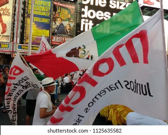 New York City, New York / USA - July 02 2018: Times Square After The Victory Of Andrés Manuel López Obrador Of The National Regeneration Movement (Movimiento Regeneración Nacional, MORENA).