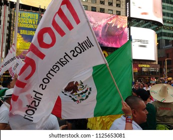 New York City, New York / USA - July 02 2018: Times Square After The Victory Of Andrés Manuel López Obrador of The National Regeneration Movement (Movimiento Regeneración Nacional, MORENA).