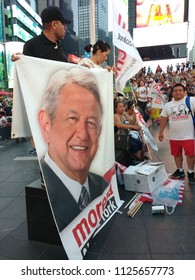 New York City, New York / USA - July 02 2018: Times Square After The Victory Of Andrés Manuel López Obrador of The National Regeneration Movement (Movimiento Regeneración Nacional, MORENA).