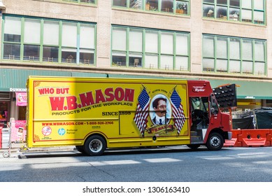 New York City, USA - July 27, 2018: Delivery Truck Of The Brand WB Mason In Harlem, Manhattan, New York City, USA