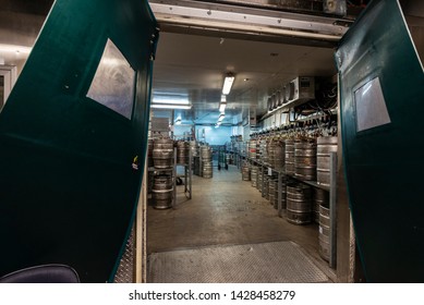 New York City, USA - July 31, 2018: Stock Of Beer Barrels And Soft Drinks Inside Of The Madison Square Garden (MSG O Garden) In Manhattan, New York City, USA