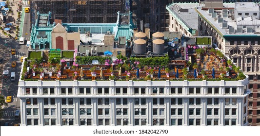 New York City, USA - July 15, 2015: Aerial View of 230 Fifth Avenue Rooftop Bar in Manthattan.