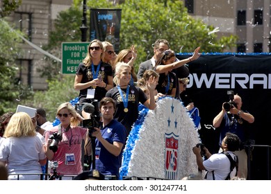 New York City, New York, USA - July 10, 2015: FIFA World Cup Champions US Women National Soccer Team Ticker-tape Parade In Downtown New York City,  New York, On July 10, 2015