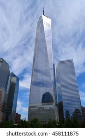 New York City, USA - July 24, 2016: View of landmark World Trade Center Towers One and Seven from the newly opened Liberty Park in Lower Manhattan in 2016 in New York City.