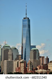 New York City, USA - July 2, 2017: The Freedom Tower (One World Trade Center) and World Financial Center in downtown Manhattan. 