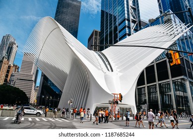 New York City, USA - June 20, 2018: Outdoor view of World Trade Center Transportation Hub or Oculus designed by Santiago Calatrava architect in Financial District