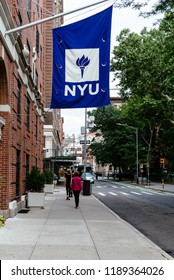 New York City, USA - June 22, 2018: New York University Building In Washington Square In Greenwich Village. Flag On Facade