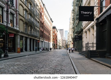 New York City, USA - June 25, 2018: Greene Street With Luxury Fashion Retail Stores In Soho Cast Iron Historic District In New York City.