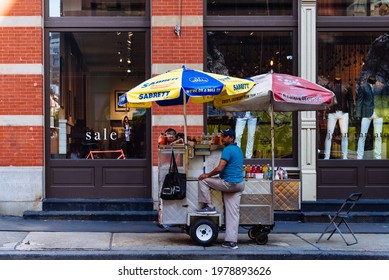 New York City, USA - June 25, 2018: Hot Dog Cart In Soho Area. Fast Food Mobile Stand In New York City