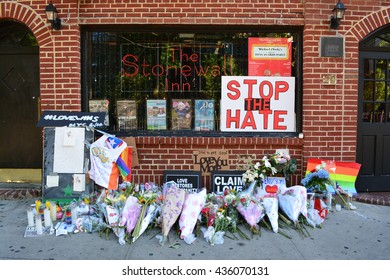 New York City, USA - June 13, 2016: Memorial outside the landmark Stonewall Inn for the victims of the mass shooting in Orlando in 2016 in New York City.