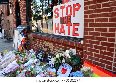 New York City, USA - June 13, 2016: Memorial outside the landmark Stonewall Inn for the victims of the mass shooting in Orlando in 2016 in New York City.
