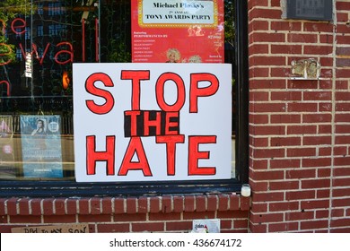 New York City, USA - June 13, 2016: Sign Outside The Landmark Stonewall Inn For The Victims Of The Mass Shooting In Orlando In 2016 In New York City.